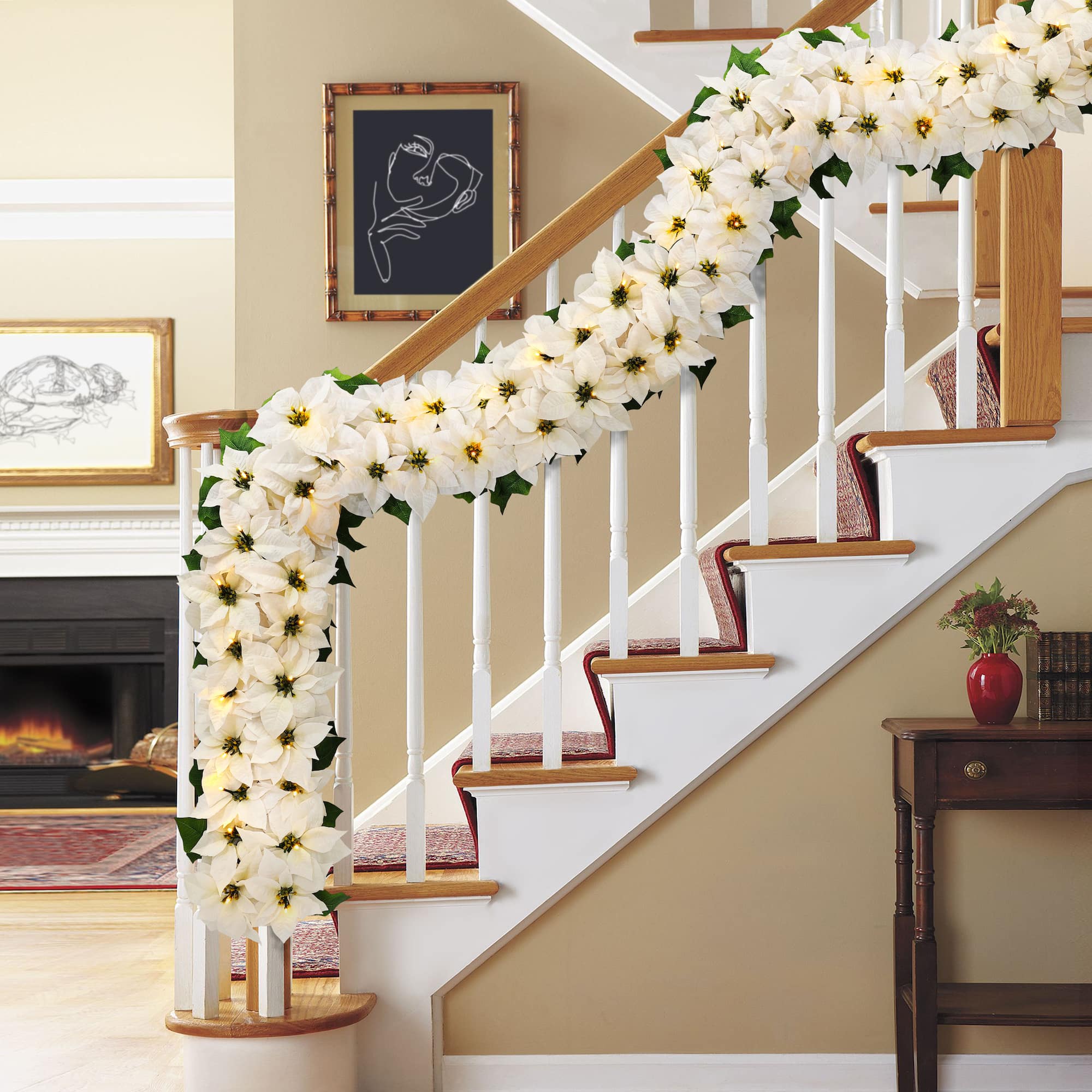 6ft. Pre-Lit White Poinsettia Artificial Garland